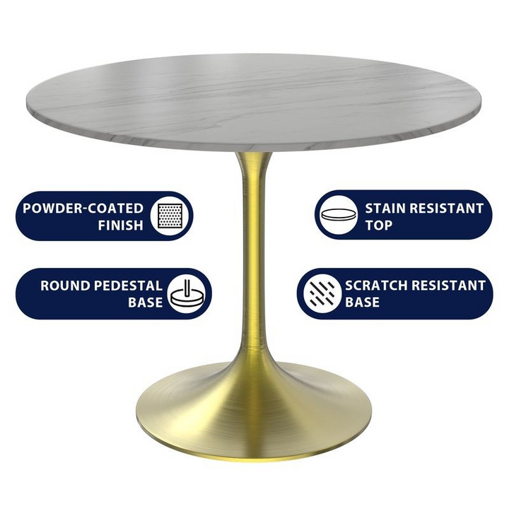 LeisureMod Verve Collection 36 Round Dining Table, Brushed Gold Base with Sintered Stone White Top