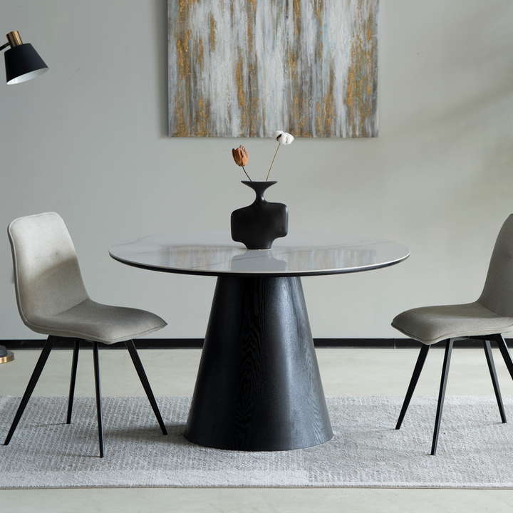 LeisureMod Riven Collection Modern Wooden 48" Round Dining Table in Black in Room.