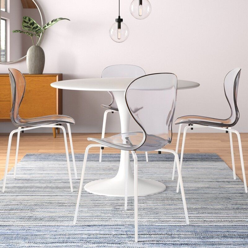 LeisureMod Modern Oyster Transparent Side Chair in White Base Set of 2 Clear at Table.