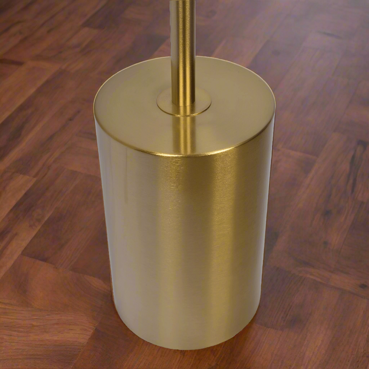 Harmony Brassed Gold Floor Lamp with Rotary Switch Triple Spots Metal Block Base Zoomed In.