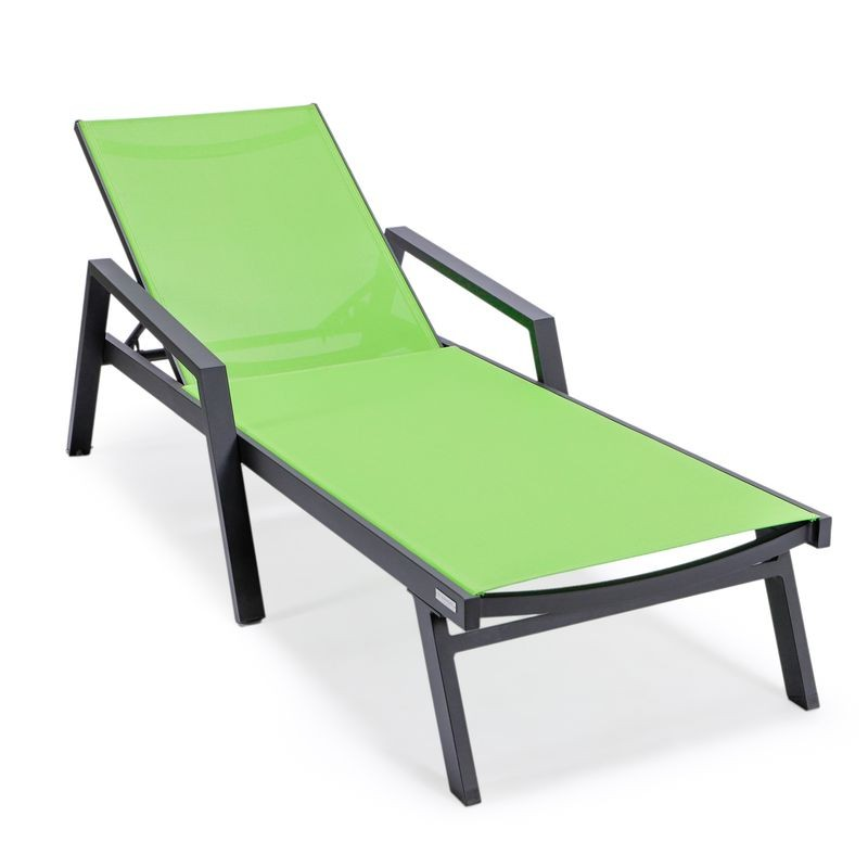 LeisureMod Marlin Patio Chaise Lounge Chair with Armrests in Black Aluminum Frame Green