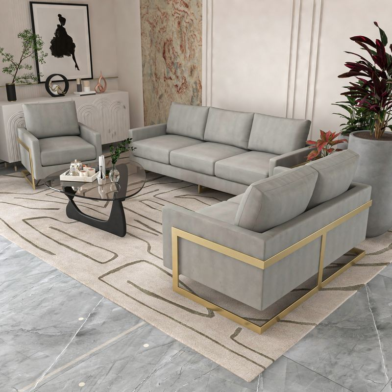 LeisureMod Lincoln 3-Piece Velvet Living Room Sofa Set with Gold Frame
