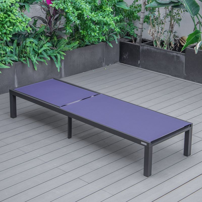 LeisureMod Marlin Patio Chaise Lounge Chair with Black Aluminum Frame Navy Blue Flat.