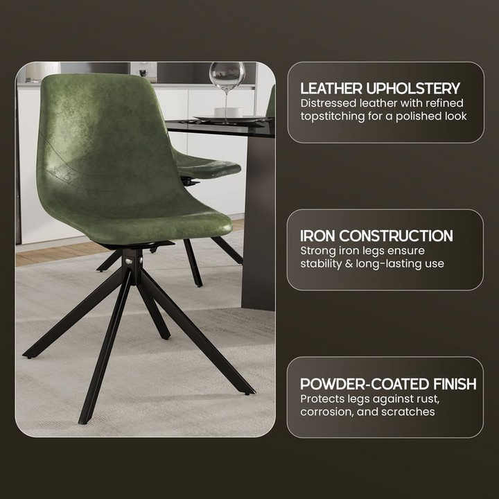 Green chair with black legs in a room setting, featuring text about leather upholstery, iron construction, and powder-coated finish.
