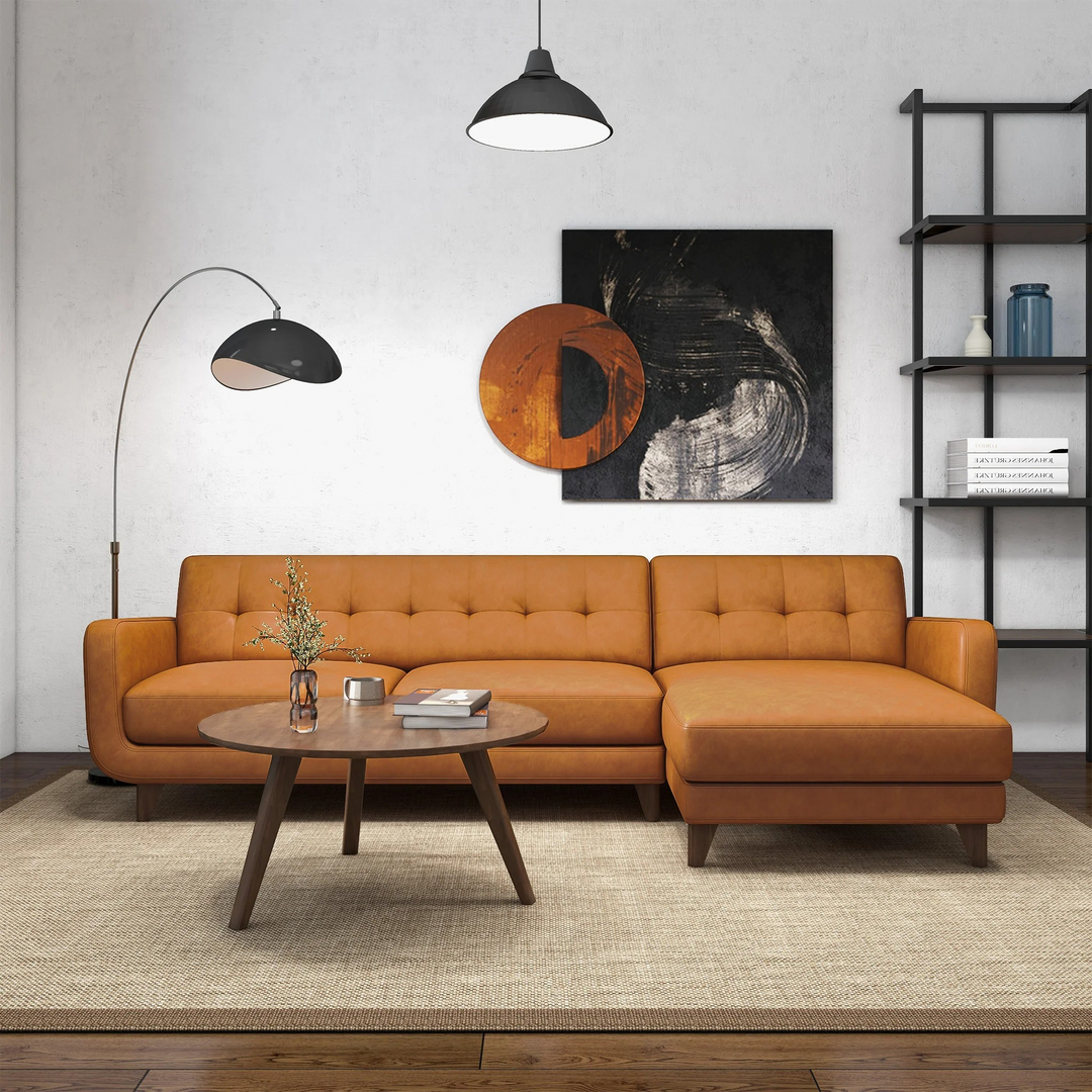 Allison Right-Facing Tan Leather Sectional Sofa Front View.