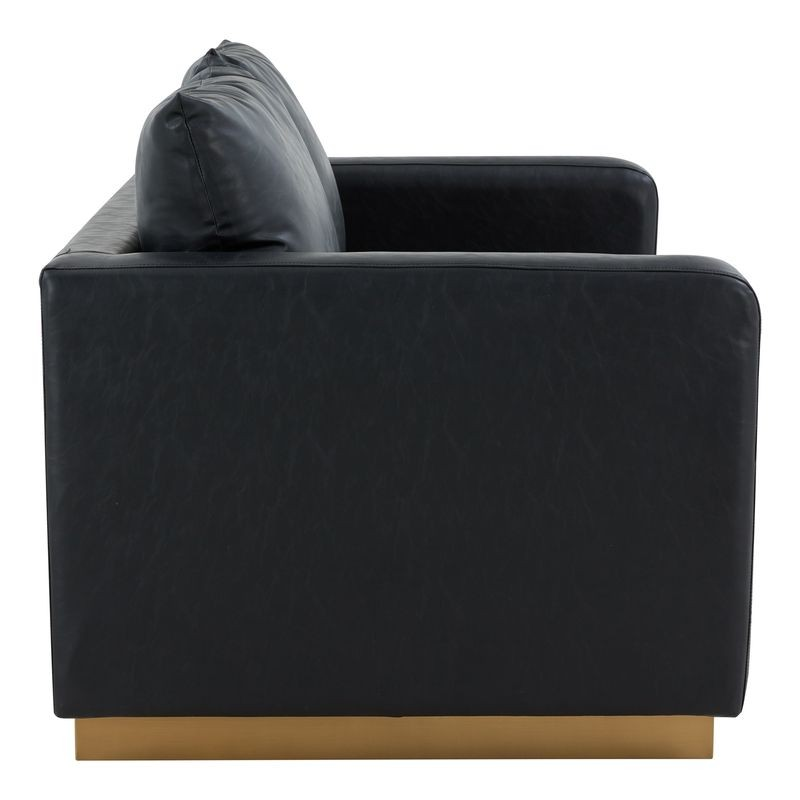 LeisureMod Nervo Modern Mid-Century Upholstered Faux Leather Loveseat with Gold Frame Black Side View.