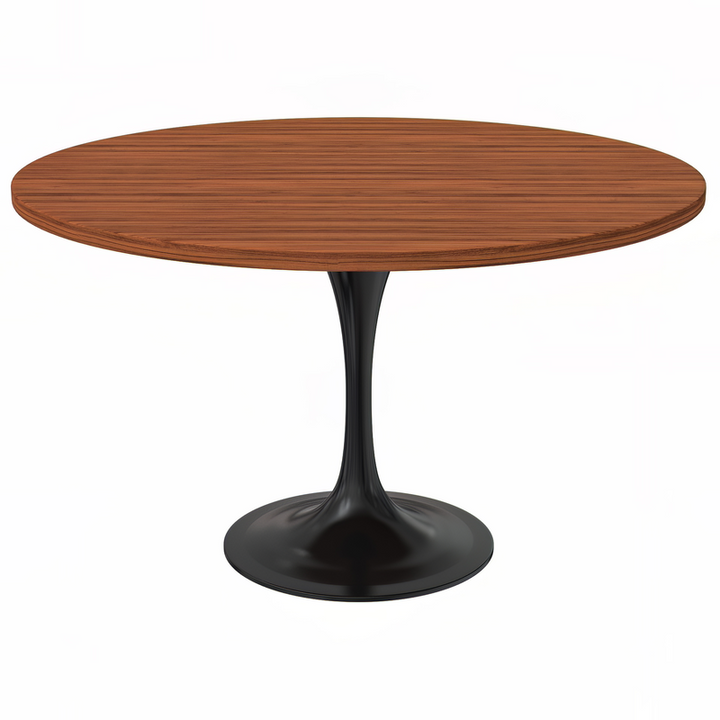 LeisureMod Verve Collection 48 Round Dining Table, Black Base with Cognac Brown MDF Top