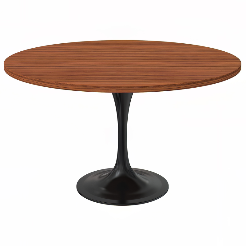 LeisureMod Verve Collection 48 Round Dining Table, Black Base with Cognac Brown MDF Top
