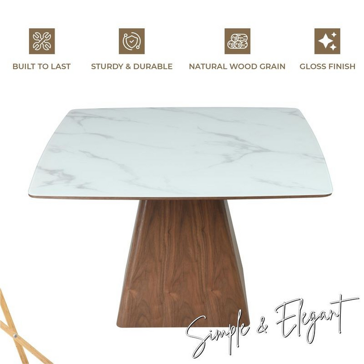 LeisureMod Zephry Collection Modern Dining Wooden Square Dining Table Walnut with Marbled Top Details.