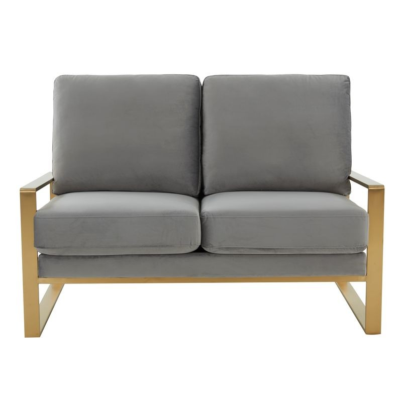 Leisuremod Jefferson Contemporary Modern Velvet Loveseat with Gold Frame Light Grey Front View.