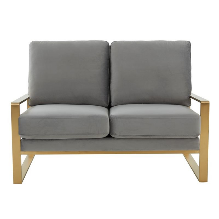 Leisuremod Jefferson Contemporary Modern Velvet Loveseat with Gold Frame Light Grey Front View.
