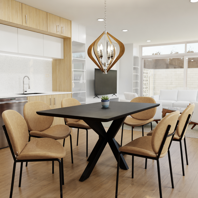 LeisureMod Servos Modern Dining Side Chair with Upholstered Faux Leather Seat and Powder Coated Iron Frame Sand Brown in Kitchen.