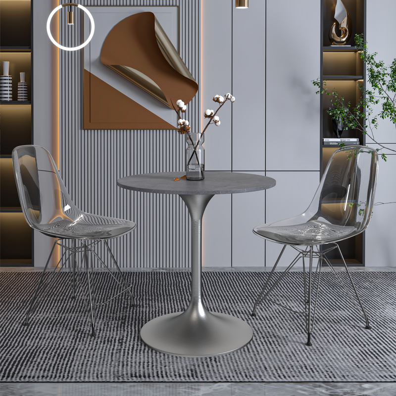 LeisureMod Verve Collection 27 Round Dining Table, Brushed Chrome Base with Sintered Stone Grey Top in Room.