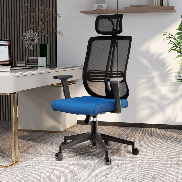 LeisureMod Office Nift Series Office Task Chair in Blue at Desk.