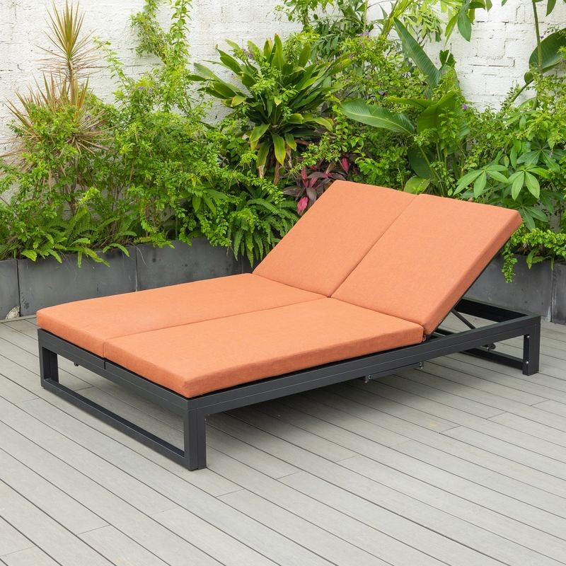 LeisureMod Chelsea Convertible Lounge Reclining Double Chaise with Cushions Orange on Deck.