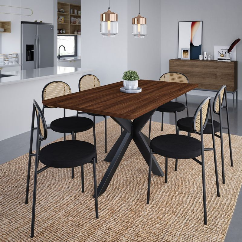 LeisureMod Euston Modern Wicker Dining Chair with Velvet Round Seat Black at Table