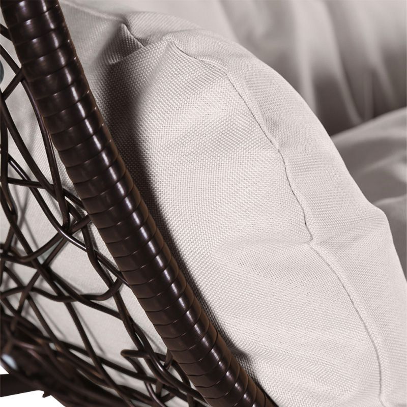 Leisuremod Recluse Collection Modern Outdoor Swing Chair Brown Frame with ES57 Beige Cushion Closeup.