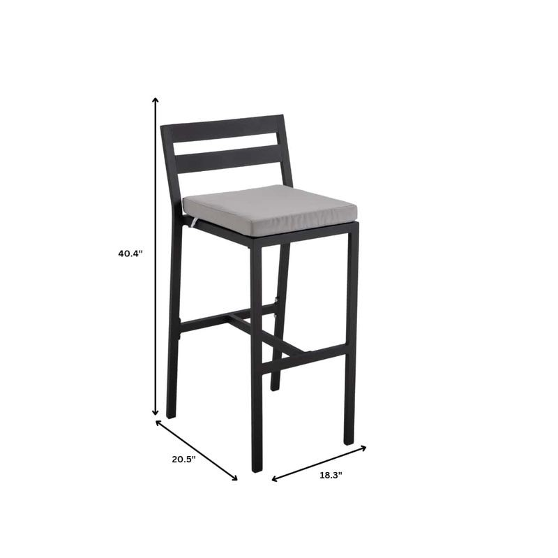 LeisureMod Chelsea Collection Modern Aluminum Outdoor Bar Chair in Black with Light Grey Cushions Dimensions.