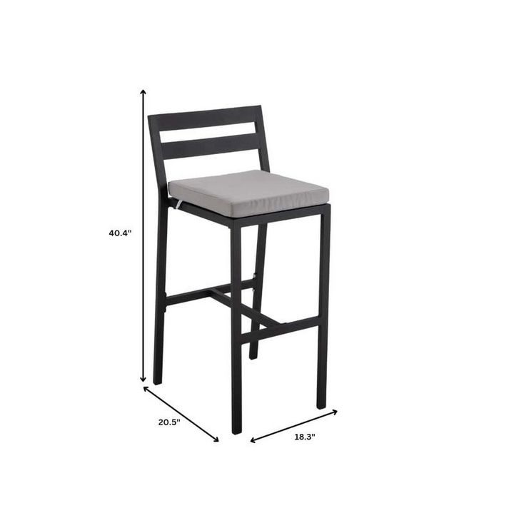LeisureMod Chelsea Collection Modern Aluminum Outdoor Bar Chair in Black with Light Grey Cushions Dimensions.