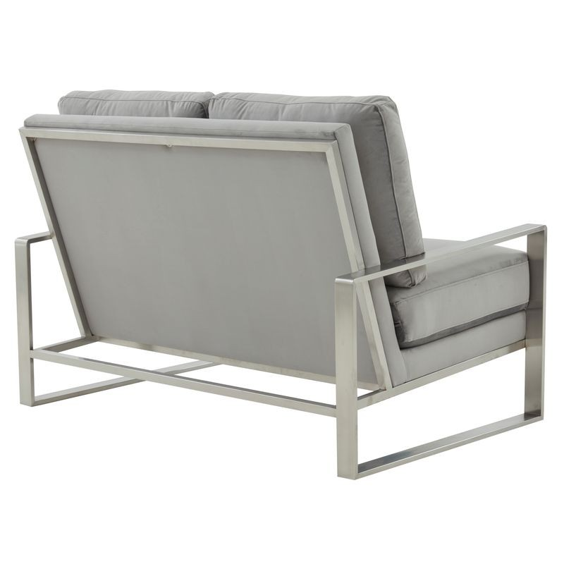 Leisuremod Jefferson Contemporary Modern Velvet Loveseat with Silver Frame Light Grey Back View.
