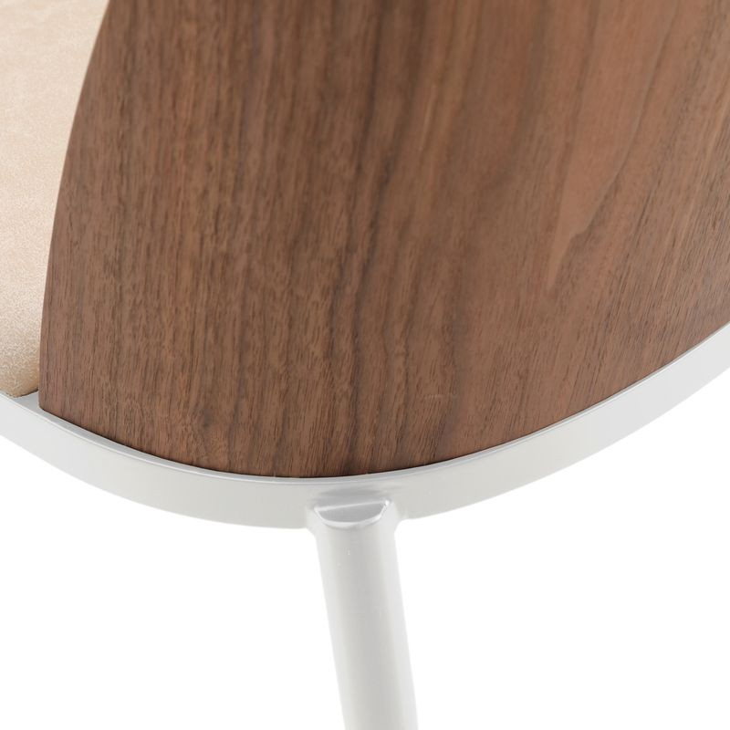 LeisureMod Tule Mid-Century Modern Dining Side Chair with Leather Seat and White Powder-Coated Steel Frame Walnut/Light Brown Details.