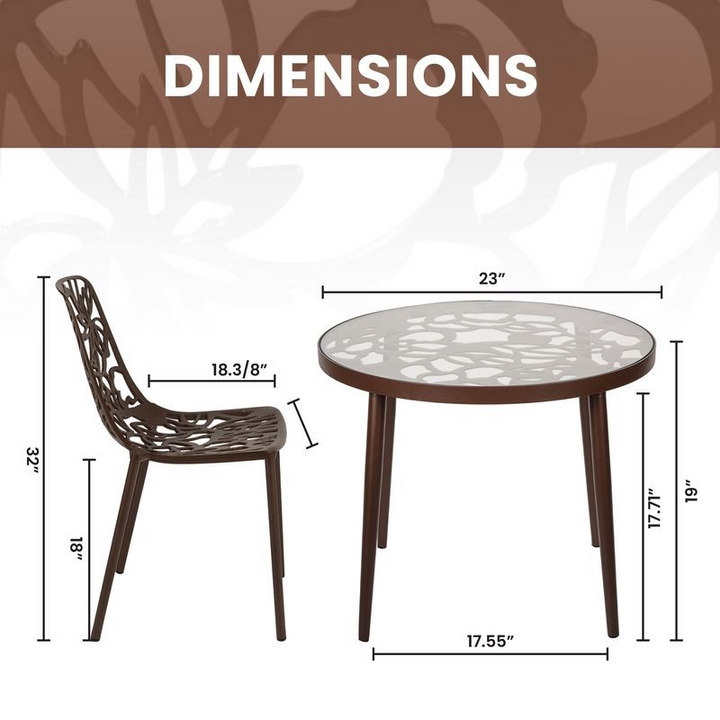 Dimensions of a round table and chair set with measurements labeled.