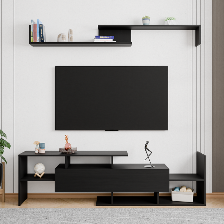 LeisureMod Surrey Modern TV Stand with MDF Shelves and Bookcase in Ebony Front View.