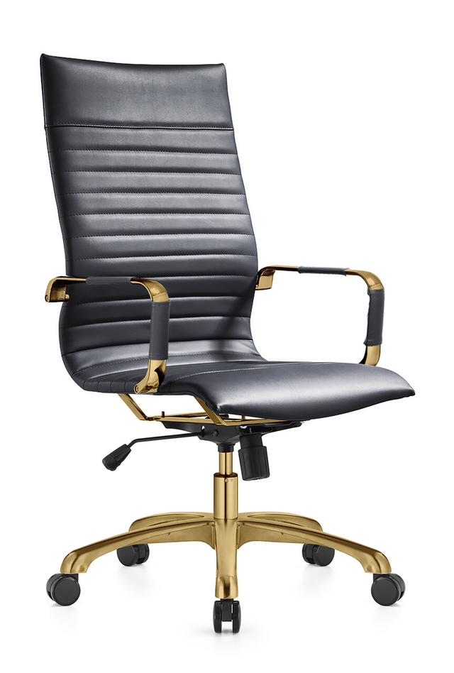LeisureMod Harris High-Back Faux Leather Office Chair with Gold Frame Black