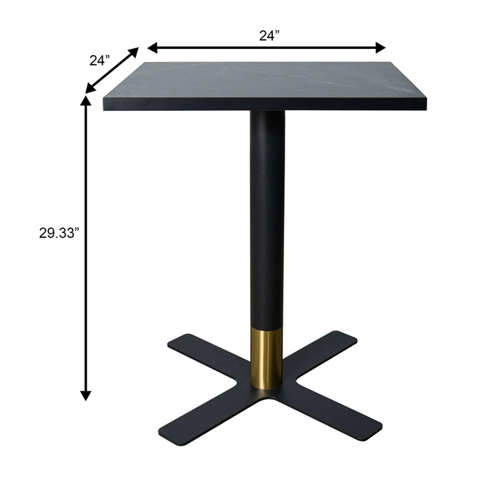 LeisureMod Vail Collection Dining Table Black/Gold X Base With 24" Square Black MDF Top Dimensions.