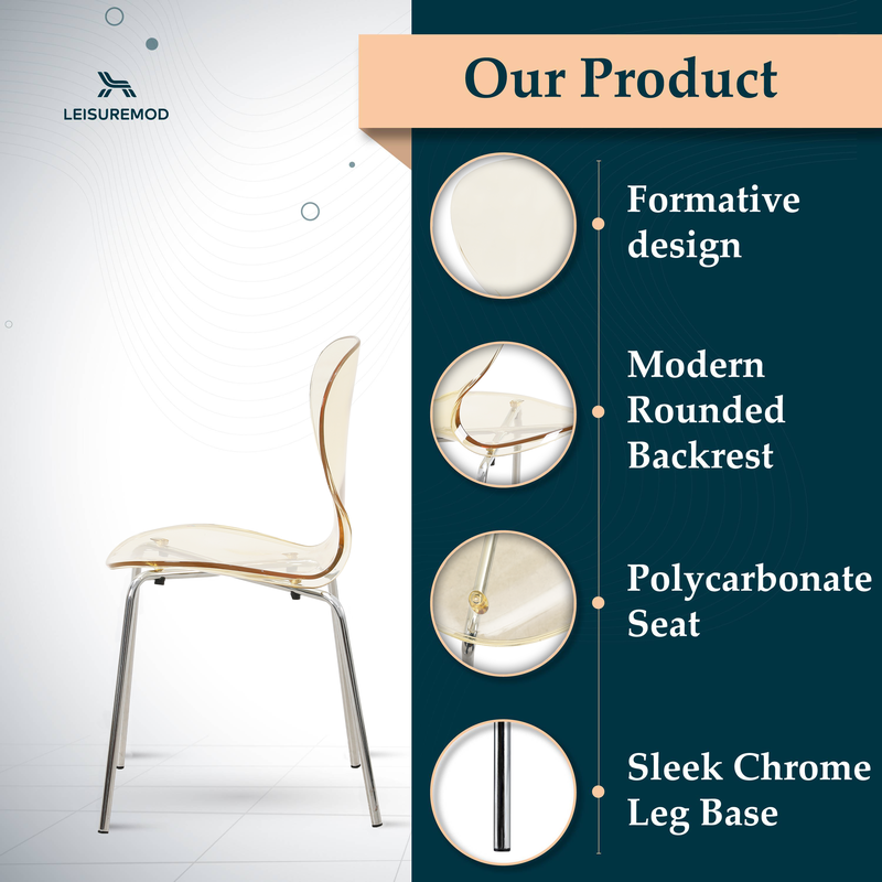 LeisureMod Modern Oyster Transparent Side Chair Amber Description.