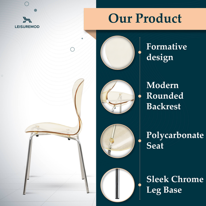 LeisureMod Modern Oyster Transparent Side Chair Amber Description.