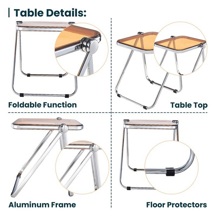 Foldable table with details on foldable function, table top, aluminum frame, and floor protectors.