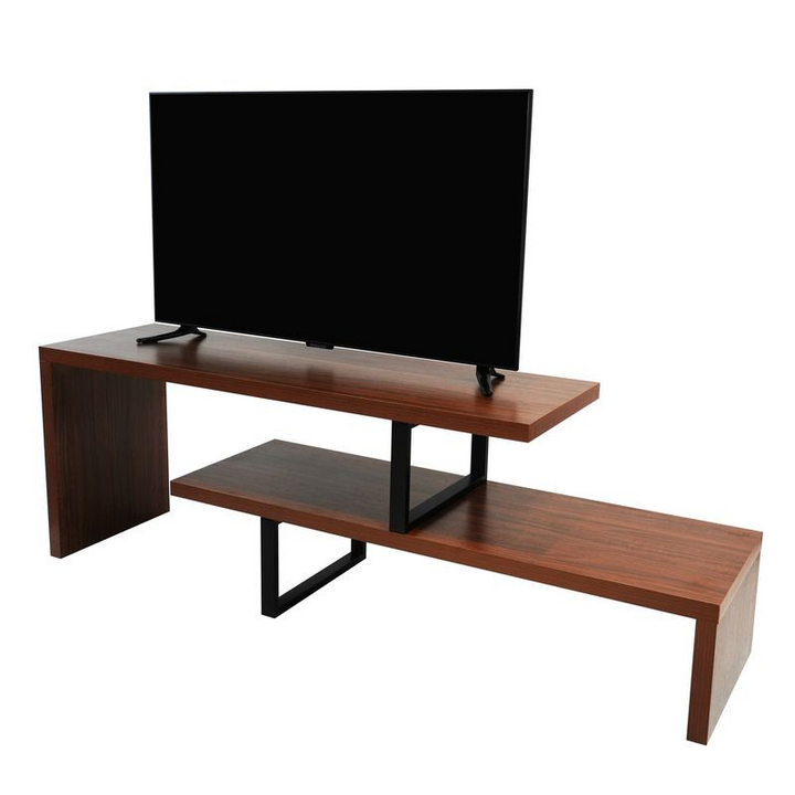 LeisureMod Orford Mid-Century Modern TV Stand with MDF Shelves and Powder Coated Iron Legs in Walnut Angled View.