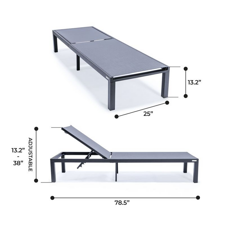 LeisureMod Marlin Patio Chaise Lounge Chair with Black Aluminum Frame Dark Grey Dimensions.