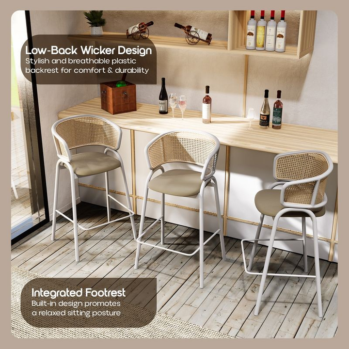 LeisureMod Ervilla Wicker Bar Stool with Fabric Seat and White Steel Frame in Taupe at Bar.