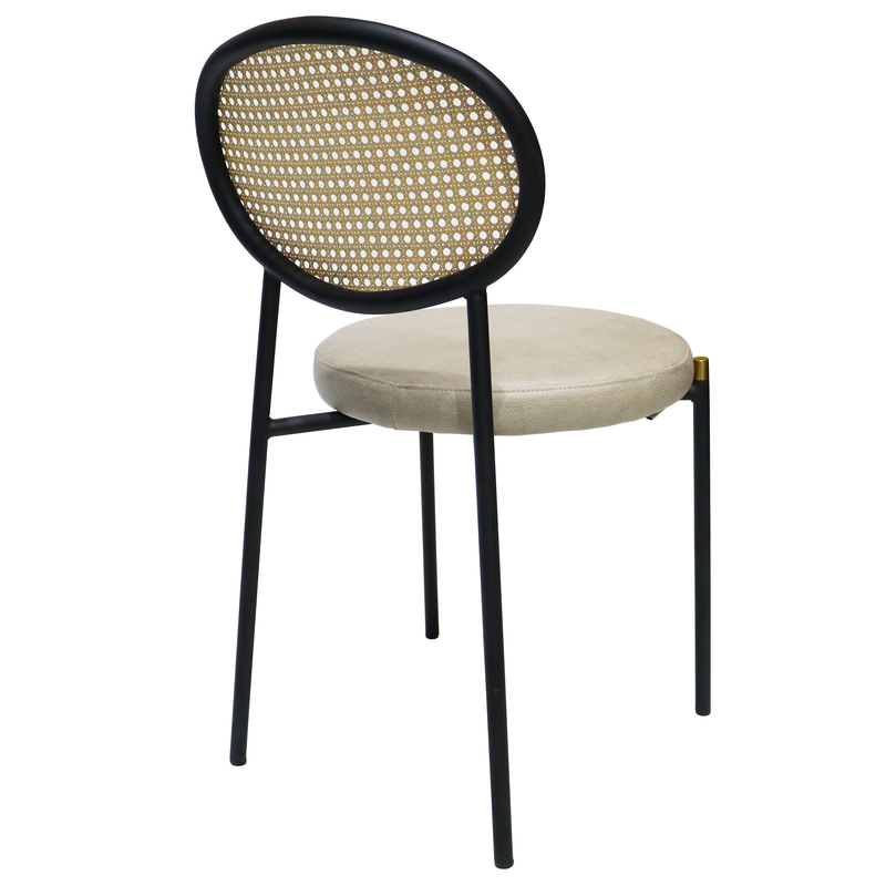 LeisureMod Euston Modern Wicker Dining Chair with Black Frame and Leather Seat in Taupe Back Angle View.