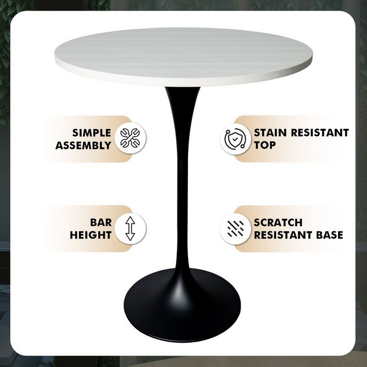 LeisureMod Verve Collection Modern Bar Height Table Black Base with 27" Round Light Natural Wood MDF Top Details.