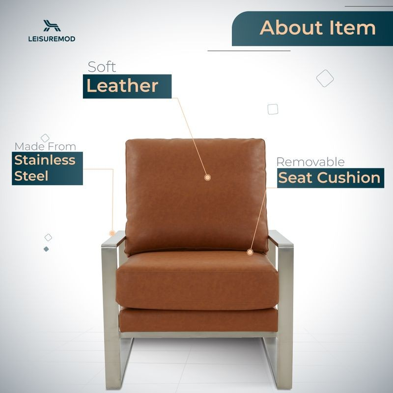 LeisureMod Jefferson Leather Modern Design Accent Armchair with Elegant Silver Frame Cognac Tan Description.