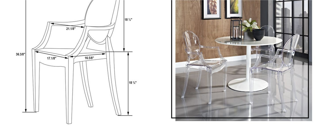 Transparent chairs with a table in a room setting, showing measurements on the left.