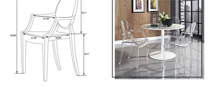 Transparent chairs with a table in a room setting, showing measurements on the left.