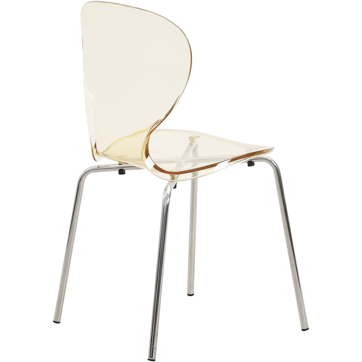 LeisureMod Modern Oyster Transparent Side Chair Amber Angled View.