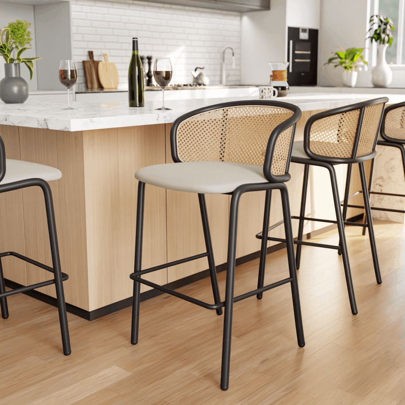 LeisureMod Ervilla Mid-Century Modern Wicker Bar Stool with Fabric Seat and Black Powder Coated Steel Frame in Beige at Bar.