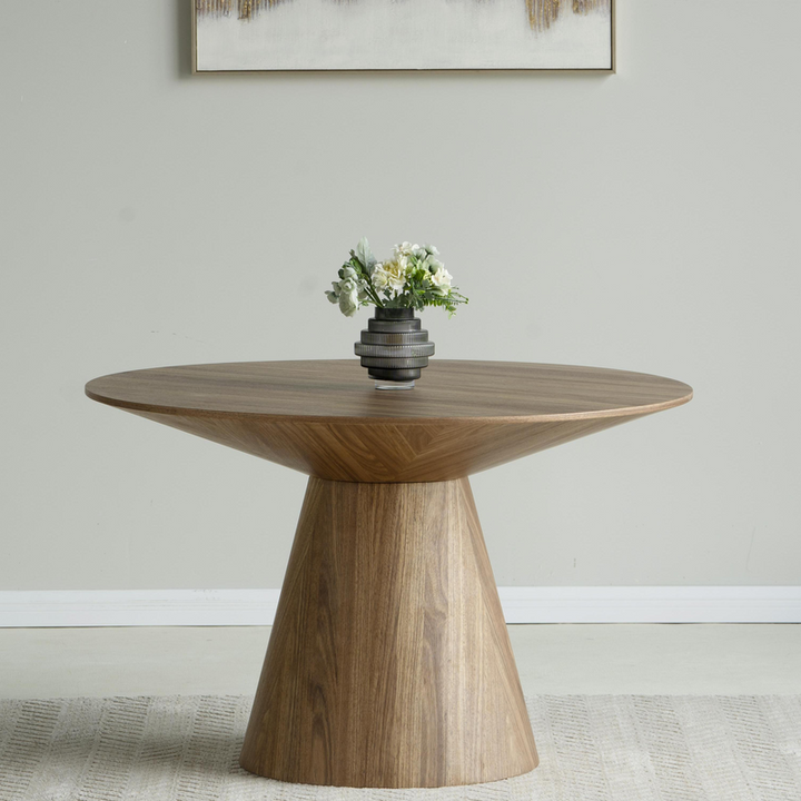 Leisuremod Fynix Collection Modern Dining Table in Natural Wood with Background.,