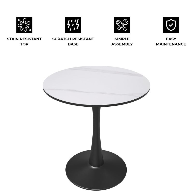 Leisuremod Bristol 27 Round Dining Table Black Base with White Sintered Stone Top Details.