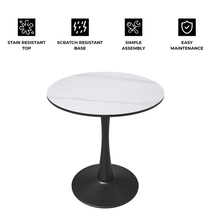 Leisuremod Bristol 27 Round Dining Table Black Base with White Sintered Stone Top Details.