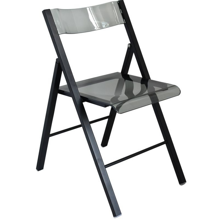 LeisureMod Menno Modern Acrylic Folding Chair Black Frame with Transparent Black Seat