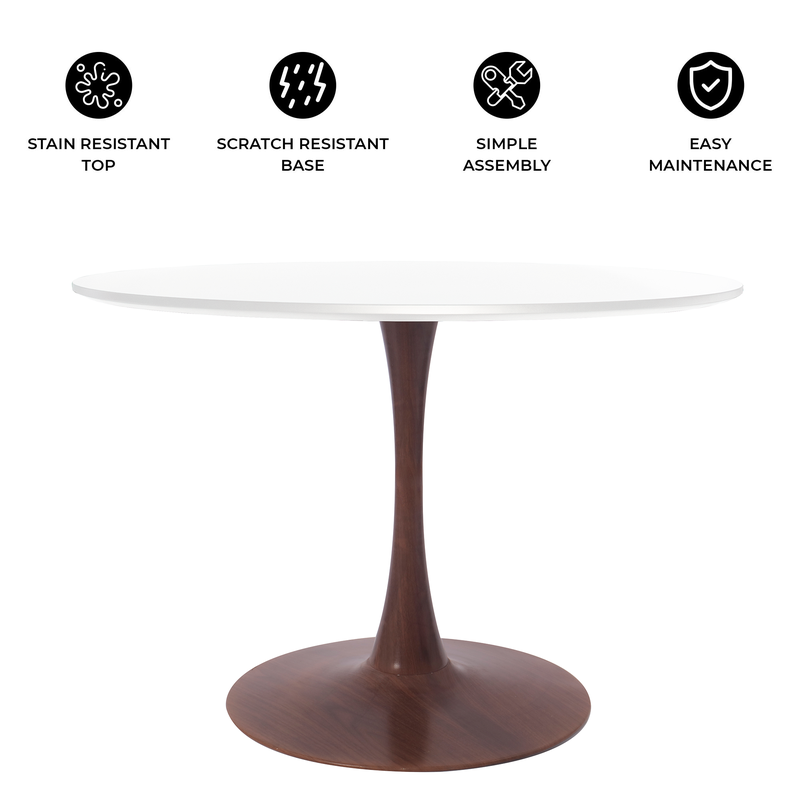 LeisureMod Bristol 40" Round Dining Table Wood Transfer Walnut Base with MDF White Top Details.