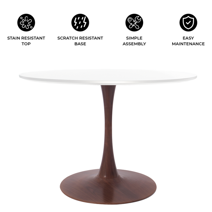LeisureMod Bristol 40" Round Dining Table Wood Transfer Walnut Base with MDF White Top Details.