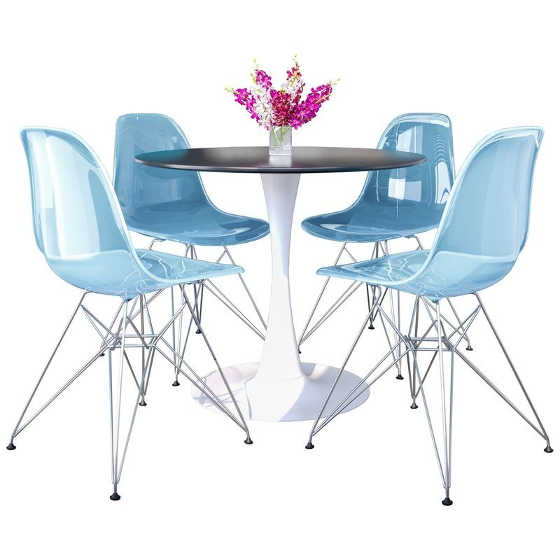 LeisureMod 5-Piece Dining Set 35" Round Dining Table in White Iron 4 ABS Plastic Side Chair in Chrome Transparent Blue