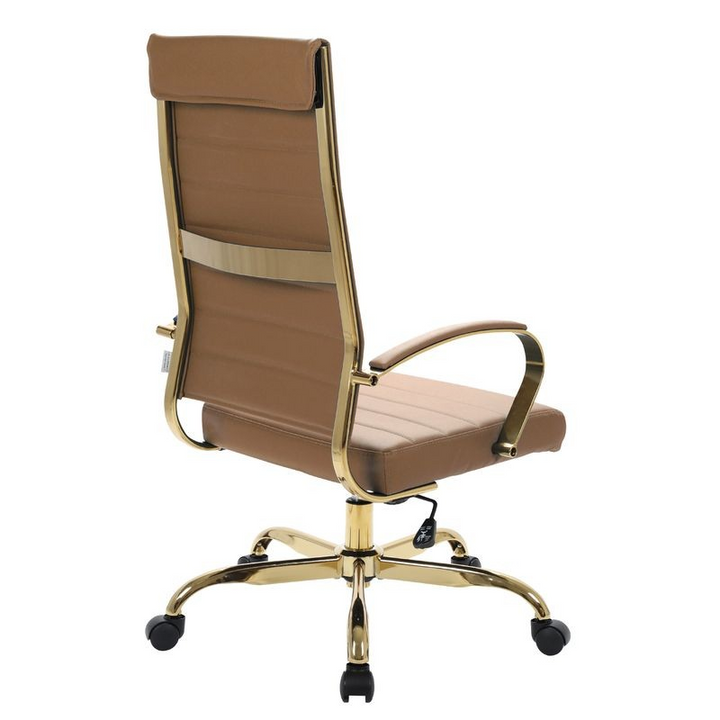 LeisureMod Benmar High-Back Leather Office Chair with Gold Frame Light Brown Back View.